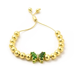 Green Rack Plating Brass Round Bead Slider Bracelets for Women, Long-Lasting Plated Glass Butterfly Adjustable Bracelets, Nickel Free & Lead Free, Real 18K Gold Plated, Green, Inner Diameter: 1-1/2~2-7/8 inch(3.7cm~7.2cm)