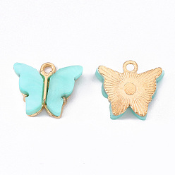 Cyan Alloy Acrylic Pendants, Butterfly, Light Gold, Cyan, 14x16.5x3mm, Hole: 1.6mm