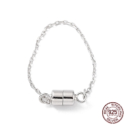 Platinum Rhodium Plated 925 Sterling Silver Magnetic Clasps with Safety Chain, Column, Platinum, 72mm, Clasp: 13x4mm