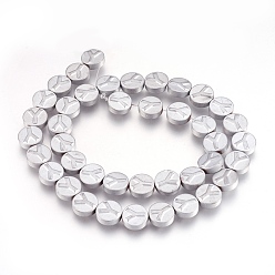 Platinum Plated Non-magnetic Synthetic Hematite Bead Strands, Frosted, Flat Round with Letter.Y, Platinum Plated, 10x4mm, Hole: 1mm, about 40pcs/strand, 15.7 inch(40cm)
