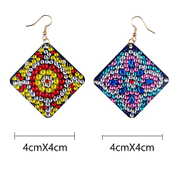 Mixed Color DIY Rhombus Dangle Earring Making Diamond Painting Kits, Mixed Patterns , Mixed Color, Pendant: 40x40mm, 2 pairs/set