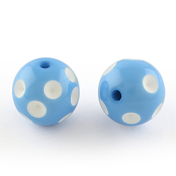 Bleu Bleuet Perles acryliques de bubblegum morceaux, rond avec motif à pois, bleuet, 20x19mm, Trou: 2.5mm, s'adapter pour 5 mm strass