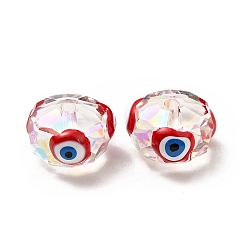Roja Perlas de vidrio transparentes, con esmalte, facetados, rondelle con patrón de mal de ojo, rojo, 10x7.5 mm, agujero: 1.5 mm