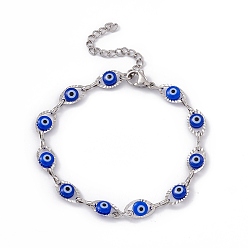 Bleu 304 bracelet en chaîne à maillons en œil de cheval en acier inoxydable avec perle de mauvais œil en résine pour femme, bleu, 6-7/8 pouce (17.5 cm)