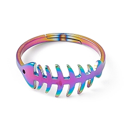 Rainbow Color Ion Plating(IP) 201 Stainless Steel Fishbone Adjustable Ring for Women, Rainbow Color, US Size 6 3/4(17.1mm)