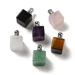 Mixed Stone Natural Mixed Gemstone Perfume Bottle Pendants, Square Charms with Stainless Steel Color Plated 304 Stainless Steel Findings, 19x12x12mm, Hole: 2mm