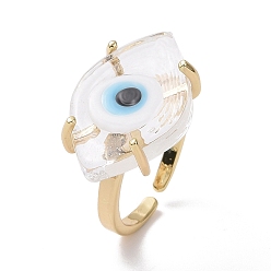 Clear Lampwork Oval with Evil Eye Open Cuff Ring, Real 18K Gold Plated Brass Lucky Jewelry for Women, Lead Free & Cadmium Free, Clear, US Size 6 1/4(16.7mm)