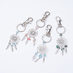 Mixed Stone Woven Net/Web with Feather Alloy Keychain, with Natural Mixed Gemstone Beads and Iron Key Rings, Antique Silver and Platinum, 119mm