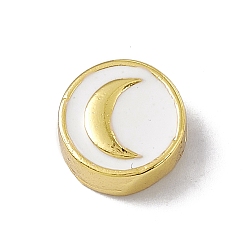 White Real 18K Gold Plated Brass Enamel Beads, Long-Lasting Plated, Cadmium Free & Lead Free, Flat Round with Moon, White, 11x4.5mm, Hole: 1.8mm