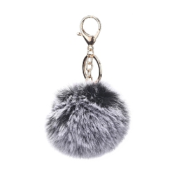 Black Pom Pom Ball Keychain, with Alloy Lobster Claw Clasps and Iron Key Ring, for Bag Decoration,  Keychain Gift and Phone Backpack , Light Gold, Black, 138mm