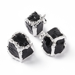 Platinum Natural Obsidian Pendants, with Rack Plating Brass Pendants, Cube Charms, Platinum, 25~30x20~25x14~19mm, Hole: 3.5x5mm