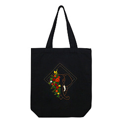 Colorful DIY Flower & Elephant Pattern Black Canvas Tote Bag Embroidery Kit, including Embroidery Needles & Thread, Cotton Fabric, Plastic Embroidery Hoop, Colorful, 390x340x100mm