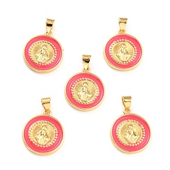 Deep Pink Brass Enamel Pendants, Cadmium Free & Lead Free, Long-Lasting Plated, Flat Round with Virgin Mary, Real 18K Gold Plated, Deep Pink, 18x16x2.5mm, Hole: 4.5x3.5mm
