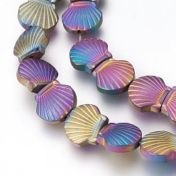 Plaqué Multicolore Galvaniques perles d'hématite synthétique non magnétique brins, givré, coquille, multi-couleur plaquée, 10.5x10x4mm, Trou: 1mm, Environ 40 pcs/chapelet, 15.55 pouce (39.5 cm)