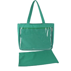 Sea Green Canvas Shoulder Bags, Rectangle Women Handbags, with Zipper Lock & Clear PVC Windows, Sea Green, 31x37x8cm