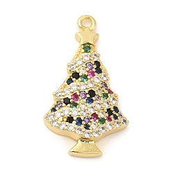 Real 18K Gold Plated Rack Plating Brass Pave Cubic Zirconia Pendants, Long-Lasting Plated, Cadmium Free & Lead Free, Christmas Tree, Real 18K Gold Plated, 23.5x13x3.5mm, Hole: 1.2mm
