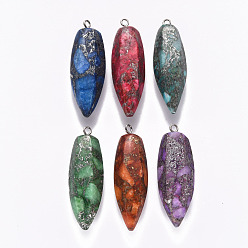 Mixed Color Faceted Teardrop Assembled Synthetic Regalite/Imperial Jasper/Sea Sediment Jasper & Natural Pyrite Big Pendants, with Iron Loop, Dyed, Platinum, Mixed Color, 60~62x20~21.5x17~18.5mm, Hole: 3mm