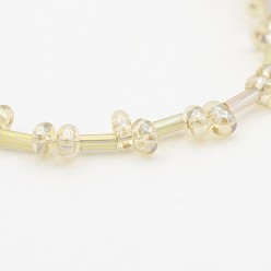 Beige 2 trou brins plaquent ovale de verre de perles, perle plaquée lustre, avec des perles de bugle de verre, beige, 5x3mm, Trou: 1mm, Environ 114 pcs/chapelet, 17.3 pouce