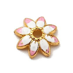 Perlas de Color Rosa Tapas de perlas de esmalte de aleación de múltiples pétalos, sin plomo y cadmio, dorado, flor, rosa perla, 7.5x7x2 mm, agujero: 1 mm