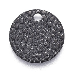 Black 304 Stainless Steel Charms, Textured, Laser Cut, Flat Round, Electrophoresis Black, 10x0.8mm, Hole: 1.4mm