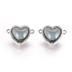 Gray Glass Links connectors, with Eco-Friendly Alloy Findings, Heart, Silver Color Plated, Gray, 14x18.5x7mm, Hole: 1.2mm