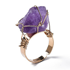 Amethyst Adjustable Natural Amethyst Finger Rings, with Light Gold Brass Findings, Nuggets, US Size 8 1/4(18.3mm)
