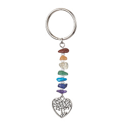 Heart Chakra Natural Gemstone Chips Keychains, Alloy Tree of Life Pendant Keychains, Heart, 8.5cm, Pendant: 18.5x17x1.5mm