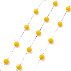 Or Chaînes de perles rondes en verre, avec 304 accessoires en acier inoxydable, non soudée, avec bobine, or, 3x3.5mm, environ 16.40 pieds (5 m)/rouleau