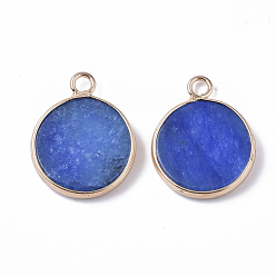 Blue Natural White Jade Pendants, with Golden Tone Brass Open Back Bezel, Dyed, Flat Round, Blue, 20.5x16.5x4mm, Hole: 2mm