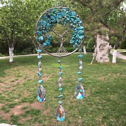 Synthetic Turquoise Metal Wire Wrapped Synthetic Turquoise Chips Flat Round with Tree of Life Pendant Decorations. Hanging Suncatchers, with Glass Teardrop Charm, 300x80mm