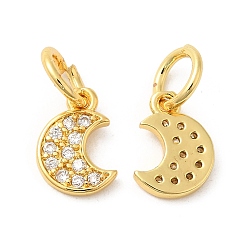 Real 18K Gold Plated Rack Plating Brass Pave Clear Cubic Zirconia Moon Charms with Jump Ring, Long-Lasting Plated, Lead Free & Cadmium Free, Real 18K Gold Plated, 9.5x7x1.5mm, Hole: 4mm