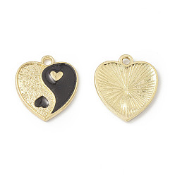 Negro Colgantes de la aleación del esmalte, corazón con encanto yin yang, dorado, negro, 17x15x1.6 mm, agujero: 1.8 mm