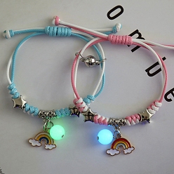 Rainbow 2Pcs 2 Color Luminous Beads & Alloy Enamel Charms Bracelets Set, Glow In The Dark Magnetic Charms Couple Bracleets for Best Friends Lovers, Rainbow Pattern, 5-7/8~11-3/4 inch(15~30cm), 1Pc/color