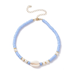 Sky Blue Polymer Clay Heishi Beaded Necklace, Natural Pearl & Cowrie Shell Necklace for Women, Sky Blue, 17.44 inch(44.3cm)