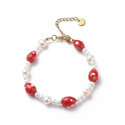 Red 3D Lampwork Strawberry & Shell Pearl Beaded Bracelet for Women, Red, 7-1/2 inch(19cm)