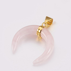 Quartz Rose Naturel a augmenté pendentifs en quartz, avec les accessoires en laiton, double corne / croissant de lune, or, 35x32x10mm, Trou: 4.5x8mm