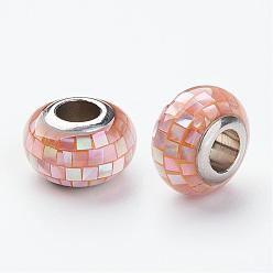 Light Salmon 304 Stainless Steel Resin European Beads, with Shell and Enamel, Rondelle, Large Hole Beads, Light Salmon, 12x8mm, Hole: 5mm