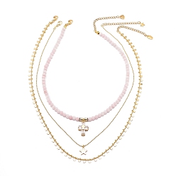 Oro 3 piezas 3 collares con colgante de estrella y cruz de cuarzo rosa natural engastados con cadenas de latón, joyas de piedras preciosas para mujeres, dorado, 15.35~19.84 pulgada (39~50.4 cm), 1 pc / estilo