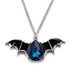 Marine Blue Halloween Themed Glass Bat Pendant Necklace with Enamel, Alloy Jewelry for Men Women, Marine Blue, Bat: 1.21x2.91 inch(3.08x7.4cm)