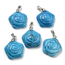 Howlite Natural Howlite Dyed Carved Pendants, Flower Charms with Rack Plating Platinum Plated Brass Pinch Bails, 30x22.5x7.5mm, Hole: 4.5x4mm
