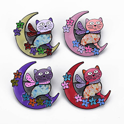 Mixed Color Moon & Cat Enamel Pin, Alloy Brooch with Stickers for Backpack Clothes, Electrophoresis Black, Nickel Free & Lead Free, Mixed Color, 45.5x47.5x9.5mm, Pin: 0.8mm
