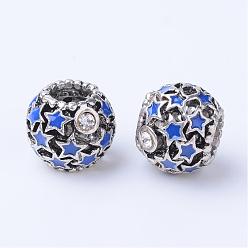 Bleu Alliage d'émail de perles européennes, avec des strass, Perles avec un grand trou   , rondelle, argent antique, bleu, 11x9mm, Trou: 5mm