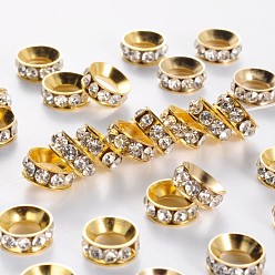 Golden Brass Rhinestone Spacer Beads, Rondelle, White, Golden Color, about 10mm in diameter, 4mm thick, hole: 5mm