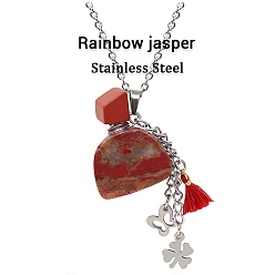 Red Jasper Natural Red Jasper Perfume Bottle Pendant Necklace with Staninless Steel Butterfly Flower and Tassel Charms, Essential Oil Vial Jewelry for Women, 18.11 inch(46cm)