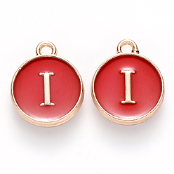 Letter I Golden Plated Enamel Alloy Charms, Enamelled Sequins, Flat Round, Red, Letter.I, 14x12x2mm, Hole: 1.5mm, 100pcs/Box