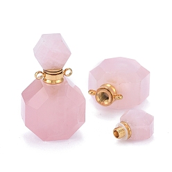 Quartz Rose Pendentifs de bouteille de parfum à quartz rose naturel facetté, avec 304 accessoires en acier inoxydable, or, 34~36x20~22x12~13mm, Trou: 1.8mm, capacité de la bouteille: 1 ml (0.034 fl. oz)
