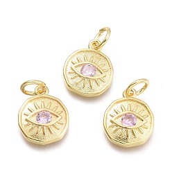 Lavender Blush Brass Micro Pave Cubic Zirconia Pendants, with Jump Ring, Flat Round with Eye, Real 18K Gold Plated, Lavender Blush, 12x10x2mm, Jump Rings: 5x0.8mm, Inner Diameter: 3mm