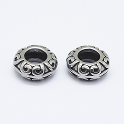 Antique Silver 304 Stainless Steel Beads, Large Hole Beads, Flat Round, Antique Silver, 11x4.5mm, Hole: 5.5mm