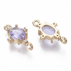 Lilac Glass Links connectors, with Brass Micro Pave Cubic Zirconia, Faceted, Oval, Light Gold, Lilac, 17.5x10x5mm, Hole: 1.2mm
