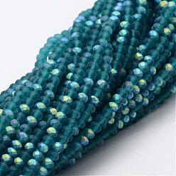 Dark Cyan Half AB Color Plated Faceted Rondelle Glass Bead Strands, Frosted, Dark Cyan, 4~4.5x3~3.5mm, Hole: 0.8mm, about 150pcs/strand, 15.1 inch